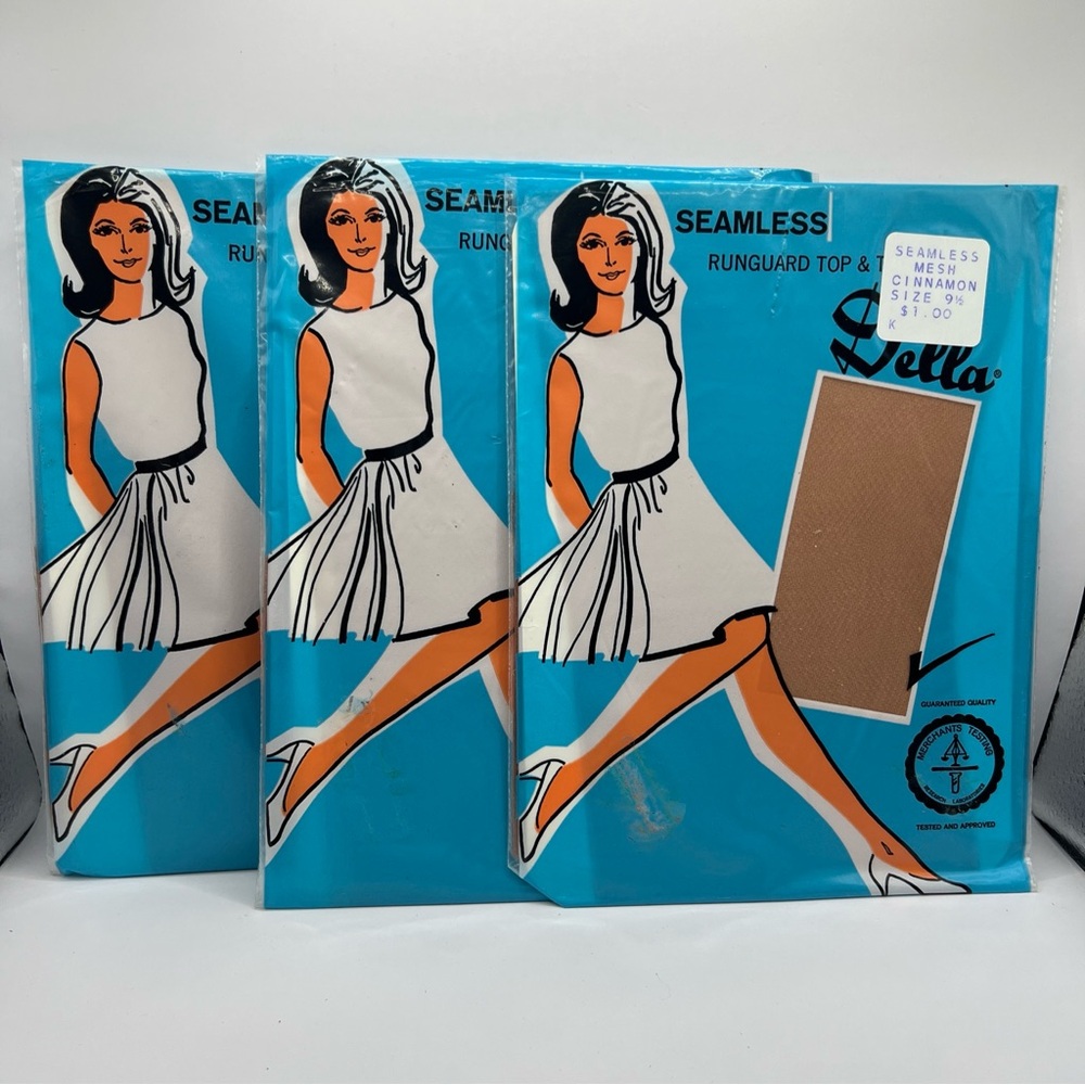 3 pairs vintage Della size 9 1/2 seamless stockings Runguard Top & Toe Cinnamon